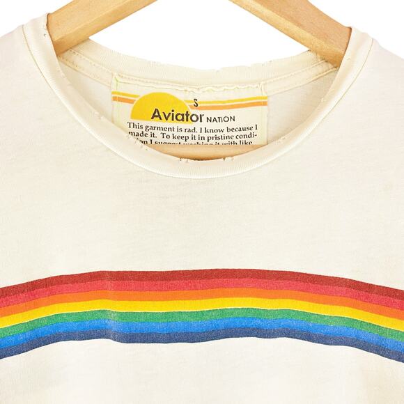 AVIATOR NATION Rainbow 7-Stripe Cropped Distressed Tee Size S ASO Shelby Simmons - Picture 3 of 8